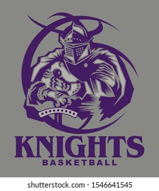 knights basketball team design with mascot inside ball for school, college or league