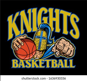 knights basketball team design with mascot holding ball for school, college or league