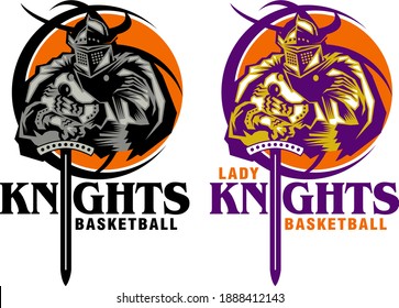 knights basketball team design with mascot inside ball for school, college or league