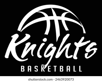 Knights Basketball Team Graphic White Version is a sports design template that includes graphic Knights text and a stylized basketball. This is a great modern design for advertising and promotions.