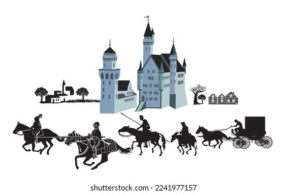 Knight's castle with Knight's and carriage, illustration