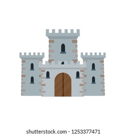 Knight's castle. Stone medieval fortress with a tower, wall and gate. Protection from enemies. Reliability and defense of the city. European fairytale attraction. Cartoon flat illustration.