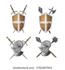 Ritterwappen. Kriegerwaffen und Rüstung. Schwert, Schild und Helm im realistischen Stil. Heraldisches Abzeichen. 3D-Mittelaltersymbol für Spiel. Vektorillustration