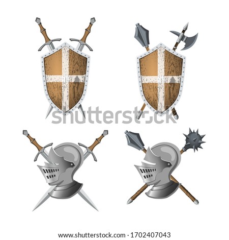 Knight's coat of arms. Warrior weapons and armor. Sword, shield and helmet in realistic style. Heraldic badge. 3d medieval icon for game. Vector illustration