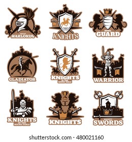 Knights colored emblems with shield and crossed weapon royal symbols armed fighters ancient castles isolated vector illustration 
