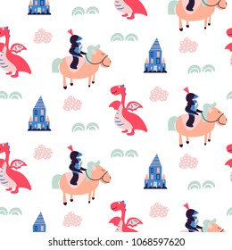 Knights and dragons seamless vector pattern.