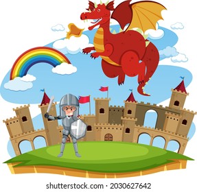 Knights fight with dragon at the castle illustration