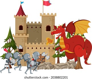 Knights fight with dragon at the castle illustration