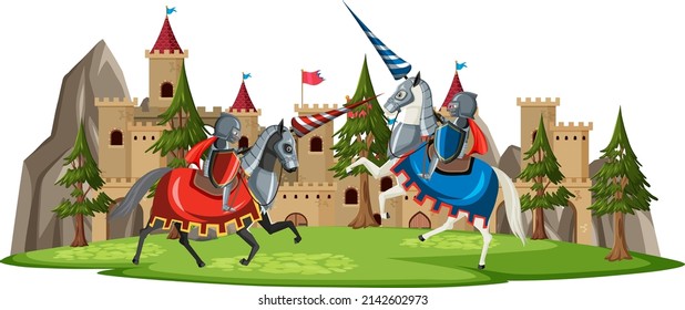 Knights fight in front of the castle illustration