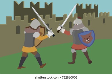 knights fighting near castle wall vector cartoon