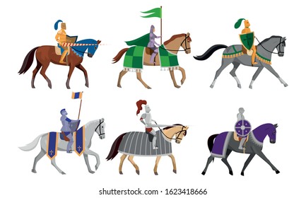 Knights with flags, shields and swords on horseback vector illustration