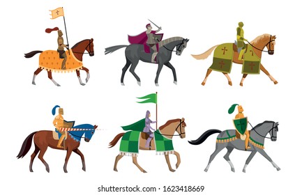 Knights with flags, shields and swords on horseback vector illustration