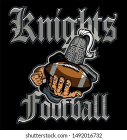 knights football team design with mascot holding ball in hand for school, college or league