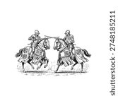 Knights in full armor jousting on horseback, dynamic medieval battle scene, detailed etching, black and white illustration.