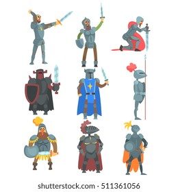 Knights In Full Armor Set Of Flat Illustrations