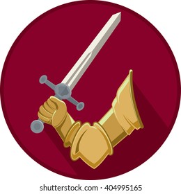 Knight`s hand in armor holding a sword. Medieval decorative emblem. Vector illustration