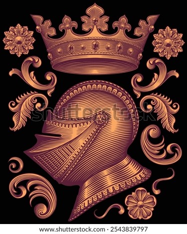 Knight's helmet and crown. Design set. Editable hand drawn illustration. Vector vintage engraving. Isolated on black background. 8 EPS