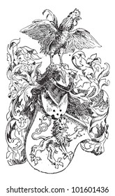 Knight's Helmet and Lion Shield, shown with a Rooster, vintage engraved illustration. Dictionary of Words and Things - Larive and Fleury - 1895