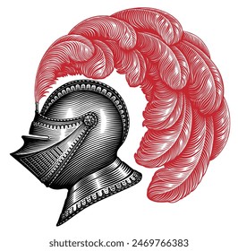 Knight's helmet with plume. Editable hand drawn illustration. Vector vintage engraving. Isolated on white background. 8 EPS
