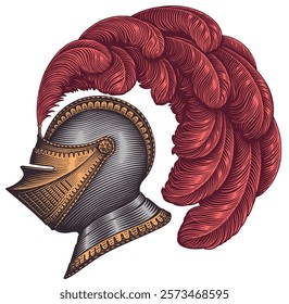 Knight's helmet with plume. Editable hand drawn illustration. Vector vintage engraving. Isolated on white background. 8 EPS