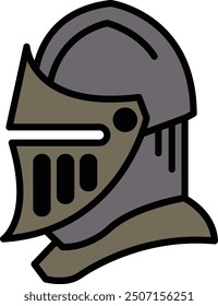 A knight's helmet with a shield on it. The helmet is black and white