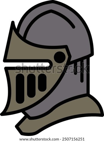 A knight's helmet with a shield on it. The helmet is black and white
