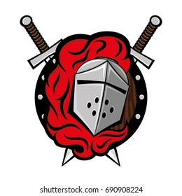 Knight's helmet, shield and swords.
