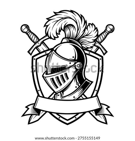 a knight's helmet with a shield and two crossed swords, featuring a feathered plume, in a bold black and white flat design