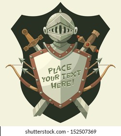Knight's helmet and shield. Vector illustration.