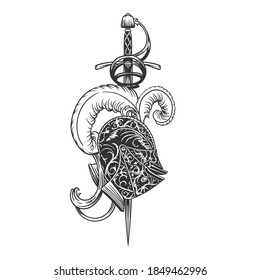 The Knight's helmet and sword.Can be used as a sketch of a tattoo.