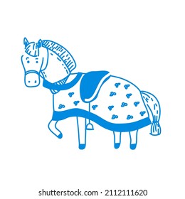 Knight's Horse cartoon illustration. Warrior's horse with harness, horsecloth and trappings. Doodle style childish illustration