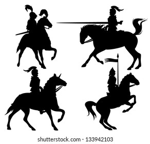 knights and horses fine vector silhouettes - black outlines over white