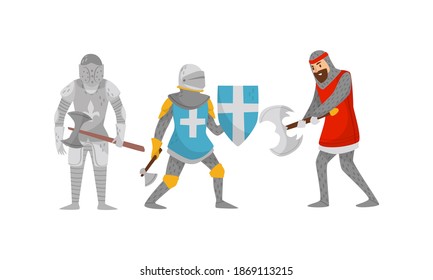 Knights in Iron Armour Suit and Sharp Hatchet Vector Set