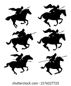Knights are jumping. Object set. Scenery silhouette. Medieval warriors with spears and in armor ride horses. Isolated on white background. Vector.