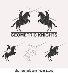 Knights logo set. Knights jousting geometric lines silhouette isolated on white background vintage vector design element illustration set