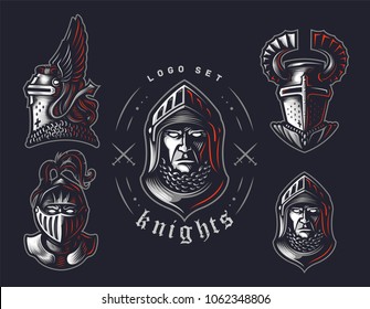 Knights logo - vector illustration, emblem set design. Knights with open visor and closed.