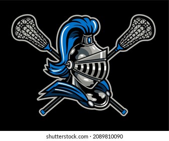 knights mascot with crossed lacrosse sticks for school, college or league