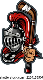 knights mascot holding hockey stick for school, college or league sports