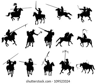Knights and medieval warriors on horseback detailed silhouettes set. Vector