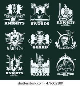 Knights monochrome emblems with warriors heraldic elements edged weapon medieval castles on black background isolated vector illustration