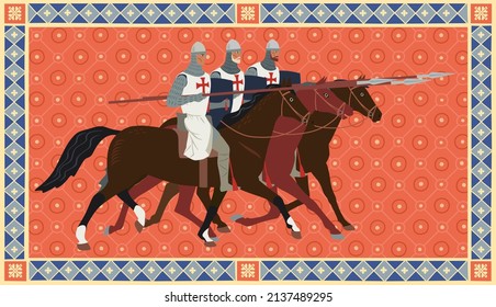 Knights on a decorative background. Three Templars are galloping on horseback