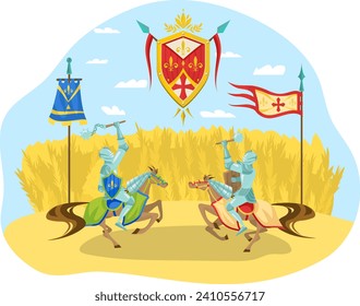 Knights on horses jousting in medieval tournament with flags and shield emblem. Middle ages combat sport and chivalry vector illustration.