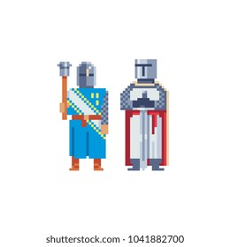Knights. Pixel art character. Knight with a sword, a warrior with a club. Sticker design. 8-bit sprite. Isolated vector illustration. 