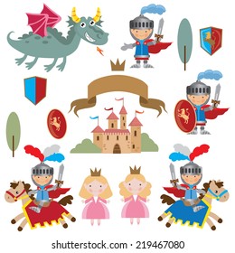 Knights, princess and dragon vector illustration