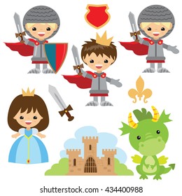 Knights, princess and dragon vector illustration