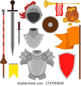 Knight's set: armor, helmet, spear, flag, gold. Vector illustration on a white isolated background.