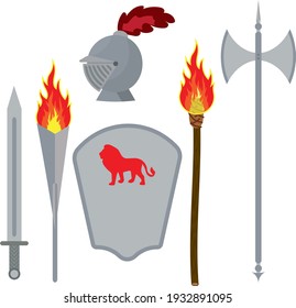 Knight's set. Armor, weapons, knight symbols.