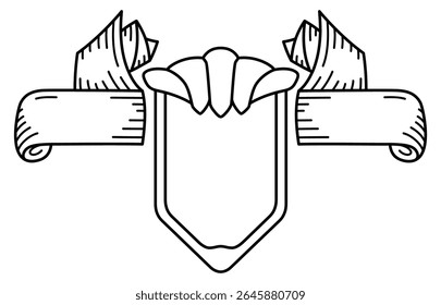 Um escudo de cavaleiro com fita nas laterais. Ícone de linha em estilo heráldico. Banner vazio do emblema de proteção de segurança. Contorno preto e branco do ícone Insígnia de vetor 