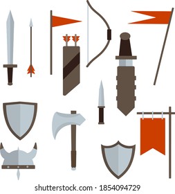 Ritterschwert, Axt, Helm, Bogen mit Pfeil, Köcher und Dagger, Schabbard. Satz mittelalterlicher Waffen und Rüstung. Rote Turnierflaggen. Flache Symbole für App und Spiele