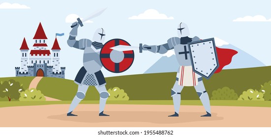 Ritter Schwertkämpfe im Hintergrund der Landschaft flach Vektorgrafik.